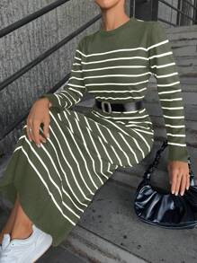 Cloudara Striped Long Sleeve Crew Neck Sweater Dress - Olive Green - View 4