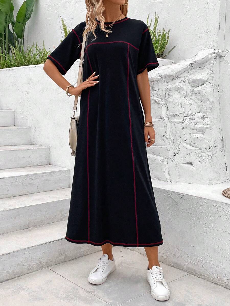 SHEIN LUNE Vestido Con Hombros Caídos Y Costuras En Contraste - Negro - Ver 1