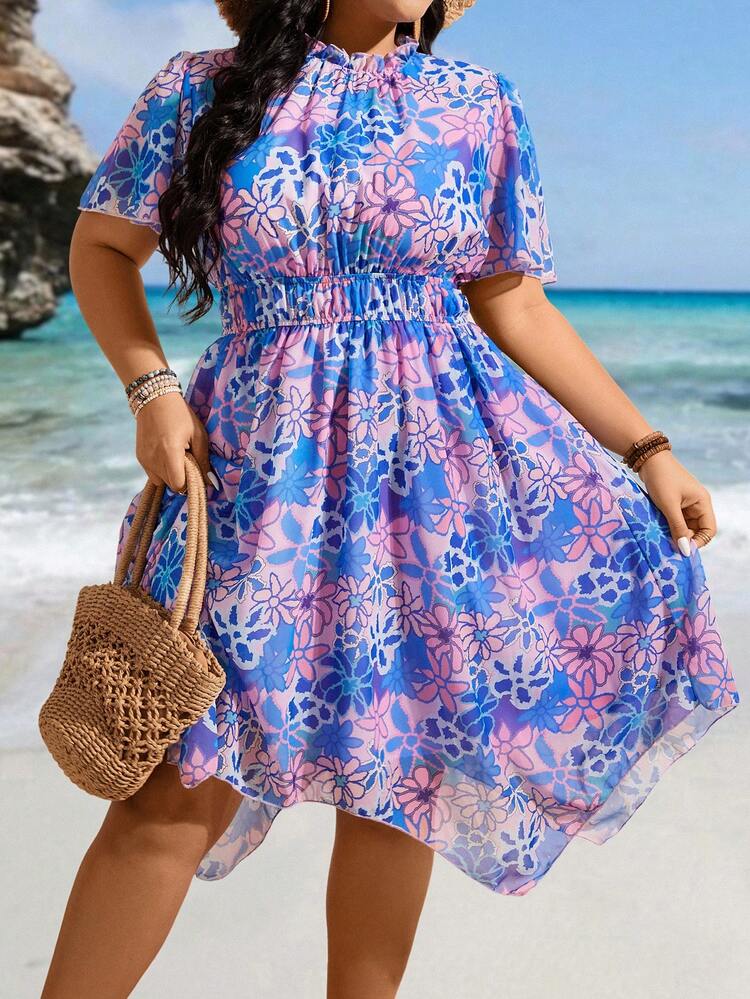 Plus Size Women's Floral Printed Waist Cinched Dress