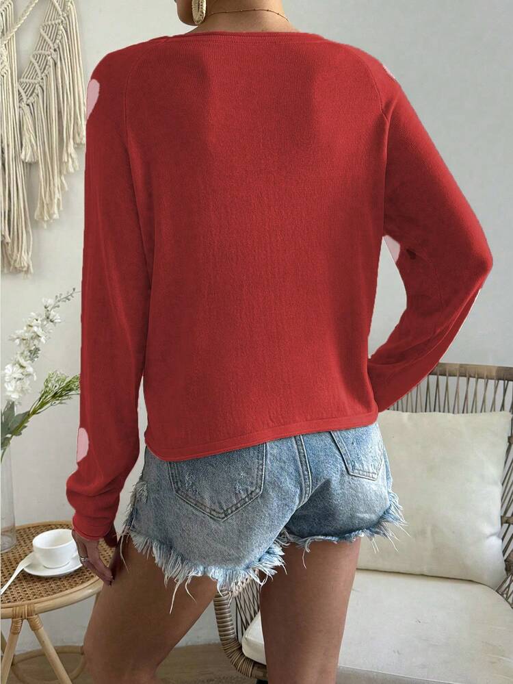 Women's Heart Pattern Raglan Sleeve Sweater, Knit Pullover Fall Winter