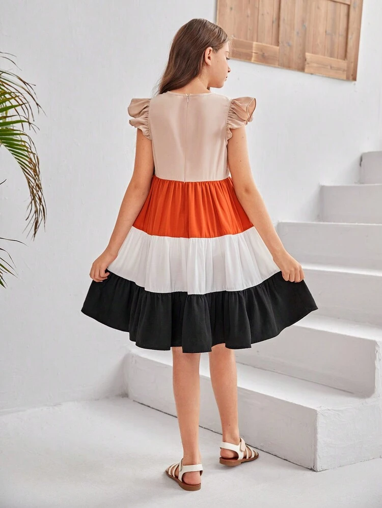 Tween Girl Woven Color Block Loose Fit Casual Cap Sleeve Dress