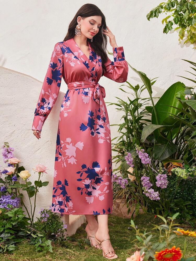 Women's Off-Shoulder Belted Long Sleeve Dress Long Evening Dresses