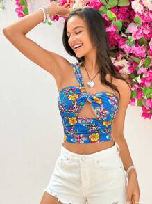 Soleia Women's Floral Print One Shoulder Hollow Out Top - Blue - View 2