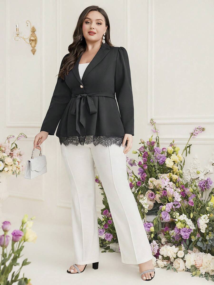 Modelyn Women's Plus Size Long Sleeve Houndstooth Notch Lapel Blazer - Black - View 1