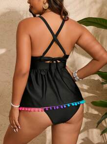 Swim Lushoire Plus Size Summer Beach Colorful Pom Pom Decorated Vest-Style Tankini Swimwear - Black - View 3
