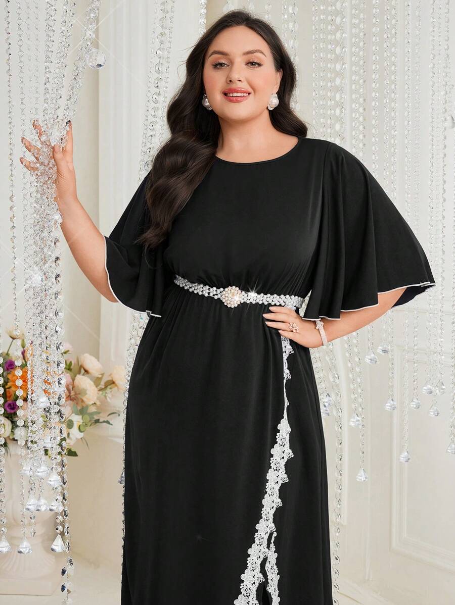 Modelyn 大码女式圆领蕾丝拼接荷叶边袖连衣裙长款晚礼服 - 黑色 - 查看 1