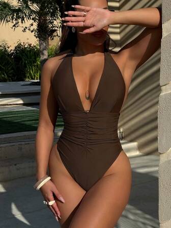 Swim SXY Summer Beach Solid Color Halter One-Piece Swimsuit Bathing Suit
