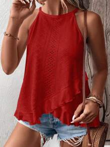 SHEIN LUNE Plus Size Women's Ruffle Hem Tank Top For Summer - Red - View 6