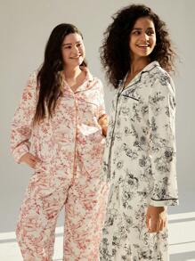 LUVLETTE Autumn And Winter Women Plus Floral Satin Long Women Pajama Set Lounge Set Fall Pajamas - Orange - View 9