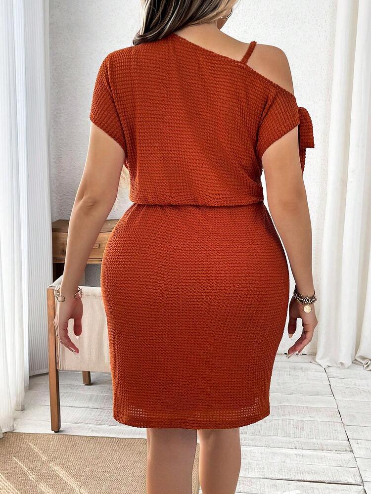 Plus Size Solid Color Textured Dress With Metal Decoration And Asymmetric Collar