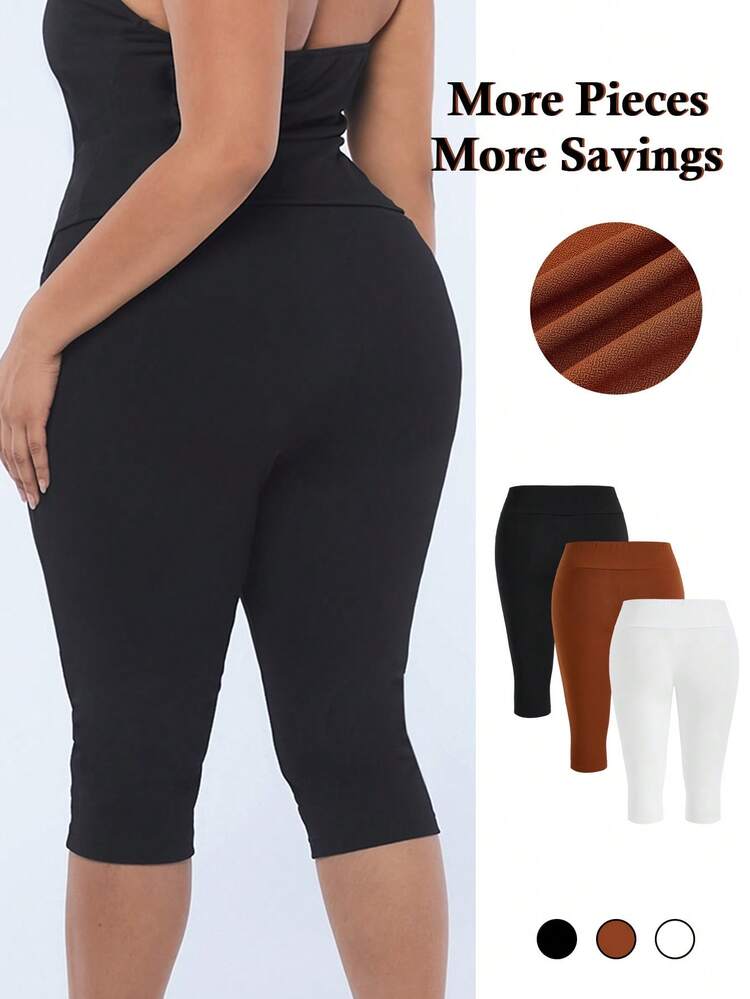Plus Size Solid Color Elastic Waist Overlapping Three-Piece Leggings