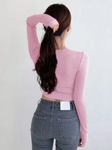 DAZY 女士纯色修身短款T恤长袖女式上衣