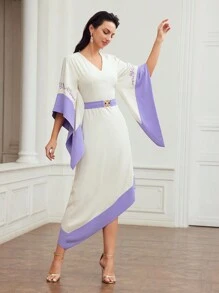 MOTF PREMIUM Gewebte Damen Stickerei Blumenmuster Farbblock Glockenärmelkleid