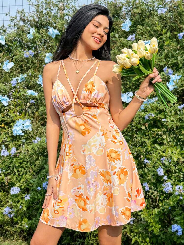 Women's Floral Printed Cami Backless Dress With Belt