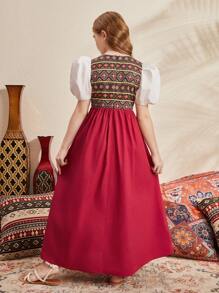 SHEIN Leap Crew Tween Girl Sibling Outfits Elegant V-Neck Puff Sleeve Mid-Length Dress With Patchwork Fabric - Red - View 2