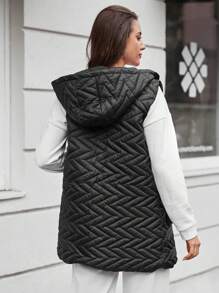 EURMUSE Flap Pocket Zipper Hooded Vest Quilted Coat - Black - View 2