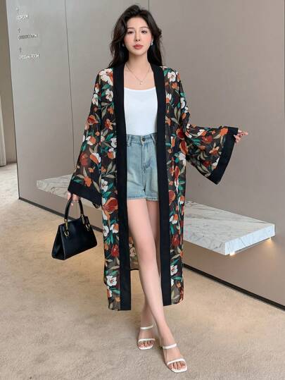 DAZY Floral Patterned Kimono Cover-Up With Bell Sleeves, Perfect For Vacation Summer,Beach Women Outfits