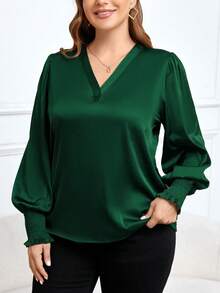 SHEIN Clasi Women'S Plus Size Lantern Sleeve Shirt - Dark Green - View 5
