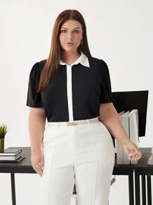 BizChic Plus Size Color Block Turn Down Collar Short Sleeve Casual Shirt - Black and White - View 9