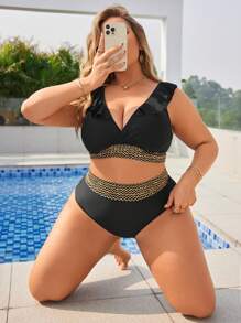 SHEIN Swim Curve Đen Cổ chữ V Kích thước lớn Áo bơi Bộ - màu đen - Xem 4