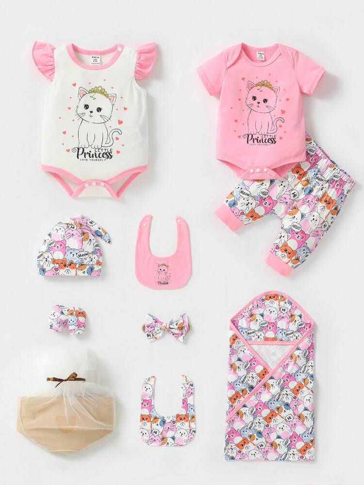 Newborn Baby Girl One-Month Gift Box Set, With Ruffle Collar Cat Print Short Sleeve Bodysuit Long Pants Multi-Piece Cute, Comfortable & Casual Outfits For Spring/Summer