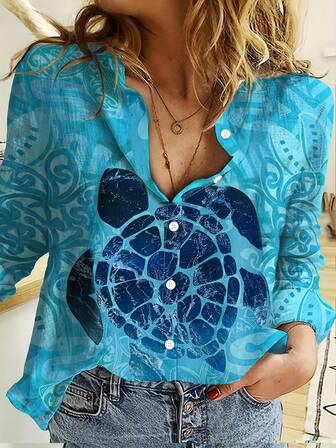 Cămașă elegantă, casual, cu mânecă lungă, cu guler răsturnat, imprimată cu broasca țestoasă.