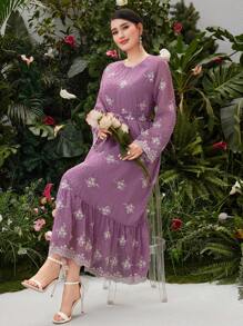 Seusyu Women's Embroidery Raglan Sleeve Ruffle Hem A-Line Dress - Purple - View 5
