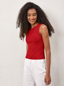SHEIN BASICS Top Básico Para Mujer Con Diseño Acanalado - Rojo - Ver 4