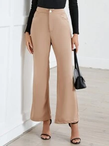 SHEIN Privé Của phụ nữ Màu thuần Quần loe - Màu Khaki - Xem 5