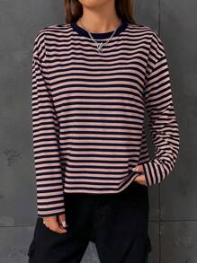 SHEIN EZwear Striped Knitted T-Shirt - Multicolor - View 4