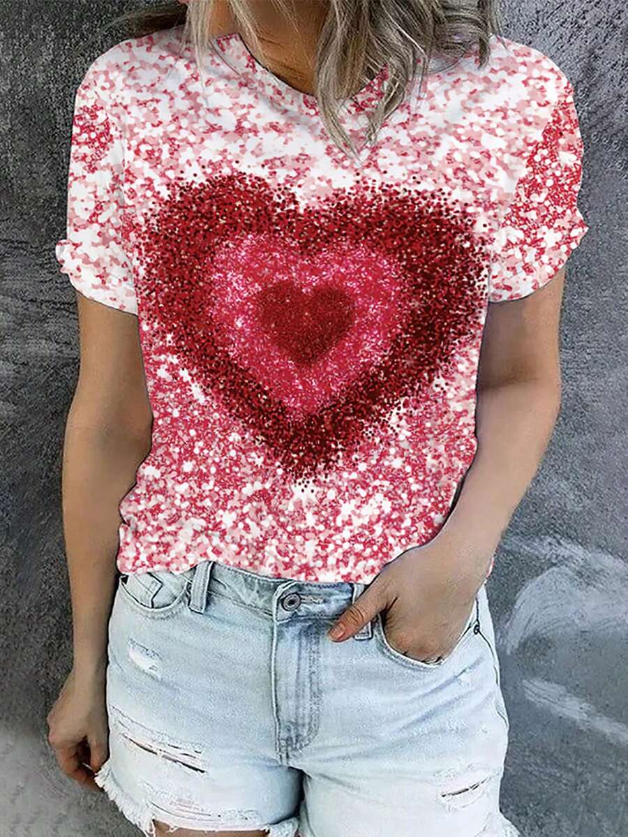 INAWLY 女士心形印花短袖t恤 - 彩色 - 查看 1