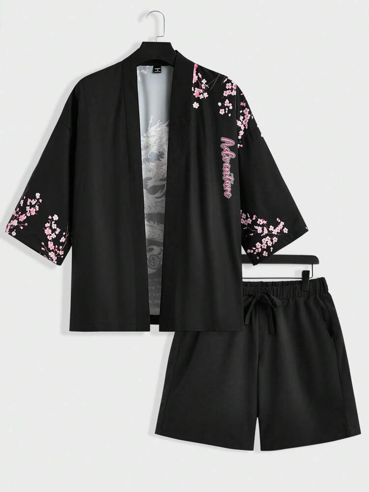 Men's Chinese Dragon & Slogan Pattern Shirt And Shorts Woven Casual 2pcs Set