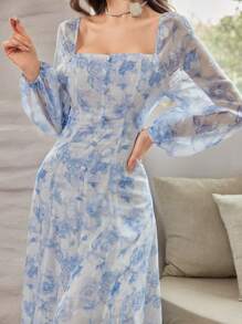 Mulvari 女士方领长袖连衣裙 女式长款套装 - 藍色 - 查看 5