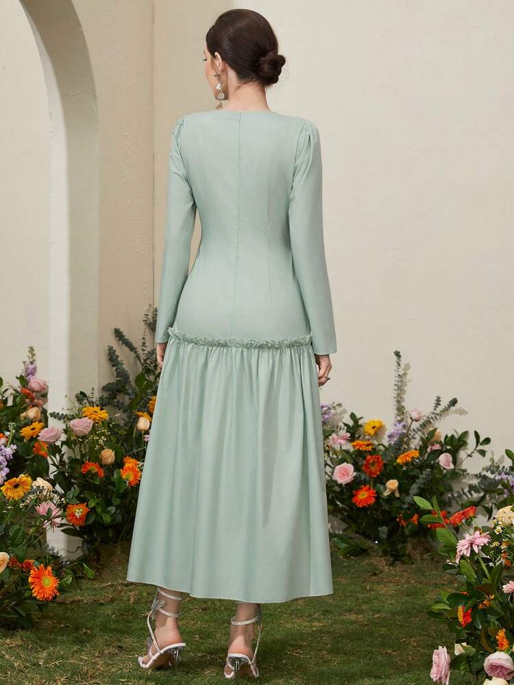 Women's Solid Color V-Neck Frill Trim Casual Long Sleeve Dress Fall Cloth For Women