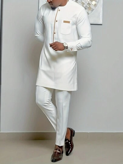 2pcs Men Crew Neck Long Sleeve Shirt And Pants Set