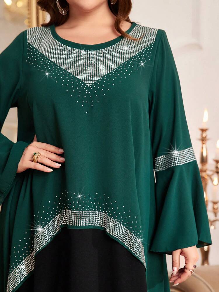 Plus Size Women's Arabic Clothing With Rhinestone Decor And Flared Sleeves