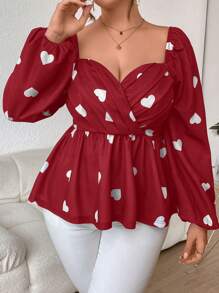 SHEIN Privé Plus Size Women's Heart Print Lantern Sleeve Shirt With Ruffled Hem - Red and White - View 4