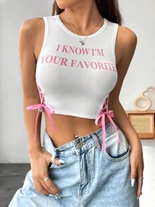 Flirla Women's Slogan Graphic Lace-Up Side Crop Tank Top I KNOW I'M YOUR FAVORITE Graphic Tees Women Tops - White - View 1