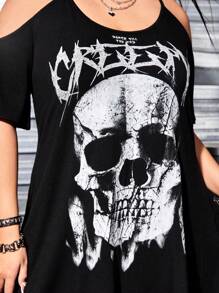 ROMWE PUNK 大码女式夏季骷髅印花露肩不对称下摆连衣裙，学校 - 黑色 - 查看 5