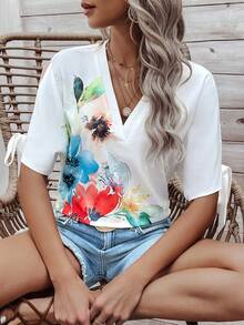 SHEIN LUNE 女士花卉圖案 V 領襯衫 - 白色 - 查看 6