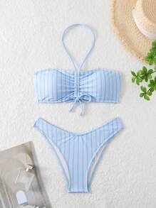 SHEIN Swim Women's Striped Halter Neck Bikini Set Summer Beach - Blue - View 1