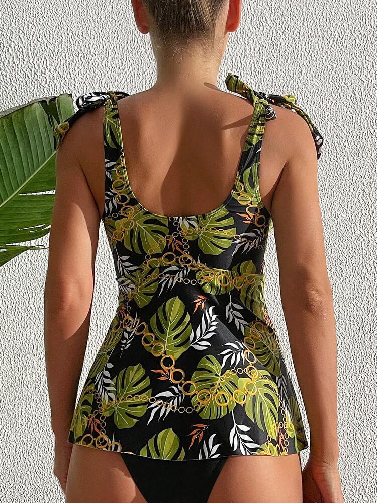 Summer Women's Chain Botanical Print Knot Shoulder Tankini