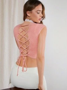 Hauture Lace Up Back Square Neck Sweater Top