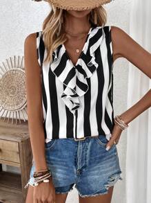 SHEIN VCAY Của phụ nữ Sọc Áo vest Với Viền Ruffle - Đen và trắng - Xem 1