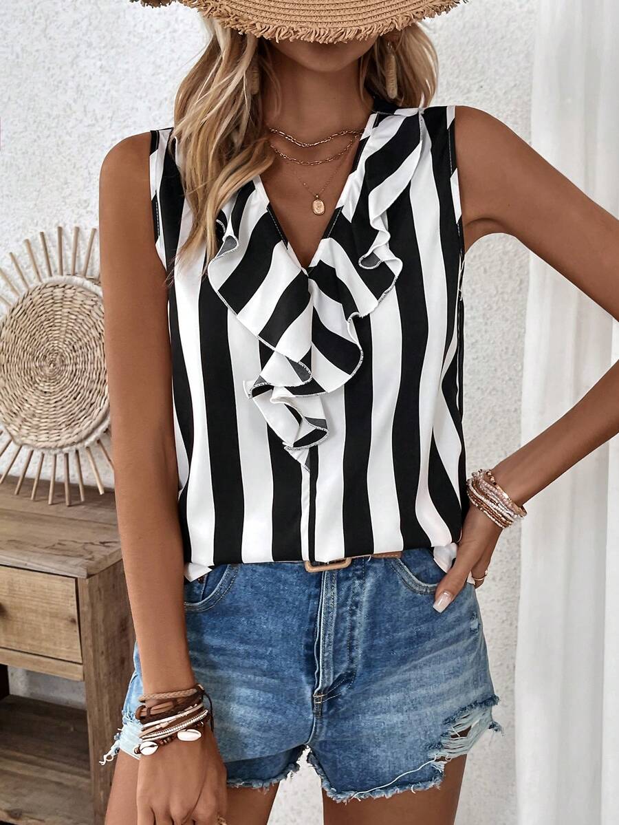 SHEIN VCAY Của phụ nữ Sọc Áo vest Với Viền Ruffle - Đen và trắng - Xem 1
