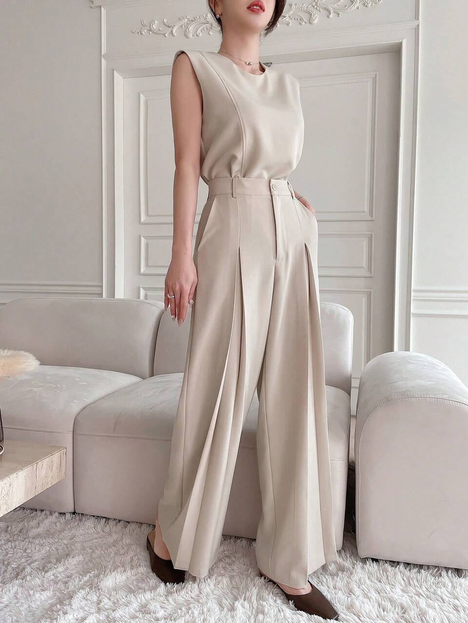 2pcs/Set Women Casual Business Style Sleeveless Top & Wide Leg Pants Suit Summer Work Women Clothes Short Sets For Women