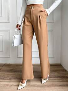 EURMUSE Women's Solid Color Pleated Trousers - Beige - View 3