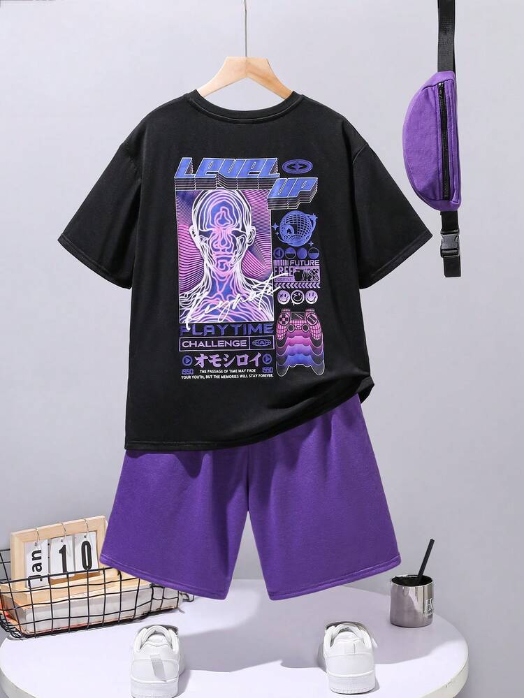 2pcs/Set Tween Boys' Casual Street Style Print Pattern Round Neck Short Sleeve T-Shirt And Solid Color Shorts Knit Suit