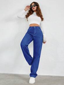SHEIN Cottnline Ladies' Original Color Denim Jeans With Built-In Zipper - Blue - View 3