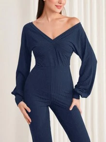 SHEIN Slayr 女士露肩長袖緊身連體褲 - 藏蓝色 - 查看 4